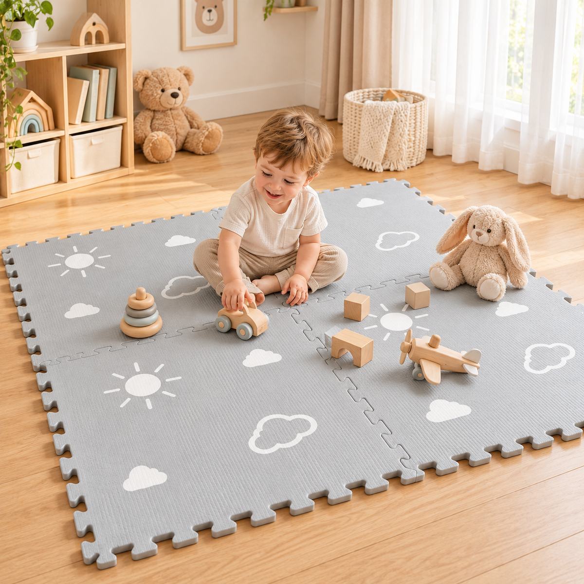 Little Teekie IXPE Foam Play Mat | 120 x 120 cm, 4 Interlocking Pieces – Sun & Cloud Print - Grey
