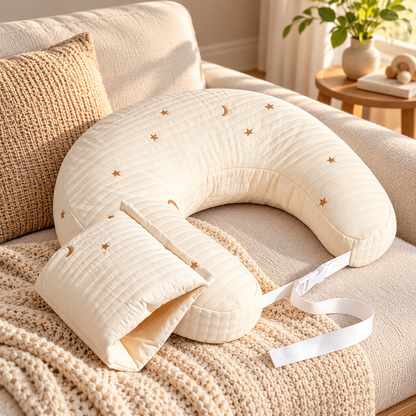 Little Teekie Organic Cotton Feeding Pillow | Soft Nursing Support, Star & Moon Print - Brown