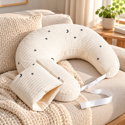 Little Teekie Organic Cotton Feeding Pillow | Soft Nursing Support, Star & Moon Print - Black