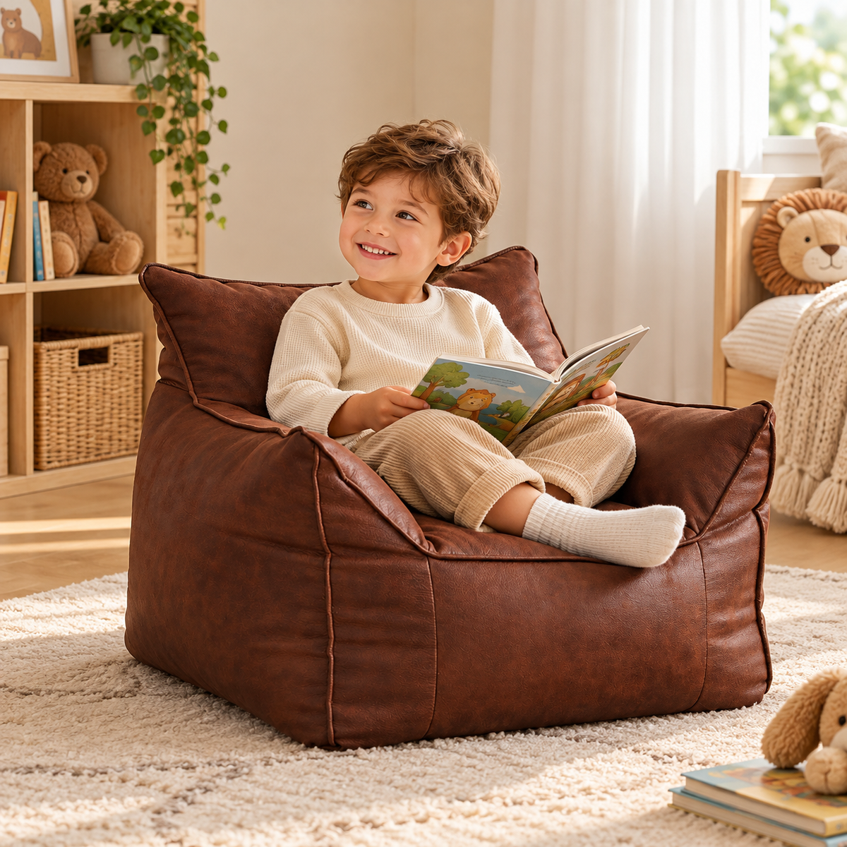 Little Teekie Kids Bean Bag Lounger Cover | Vegan Leather 80x80x70cm – Brown