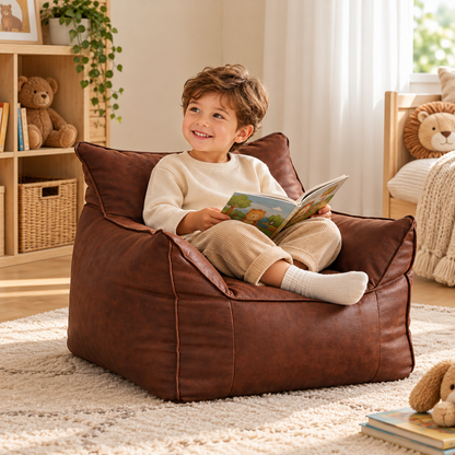 Little Teekie Kids Bean Bag Lounger Cover | Vegan Leather 80x80x70cm – Brown