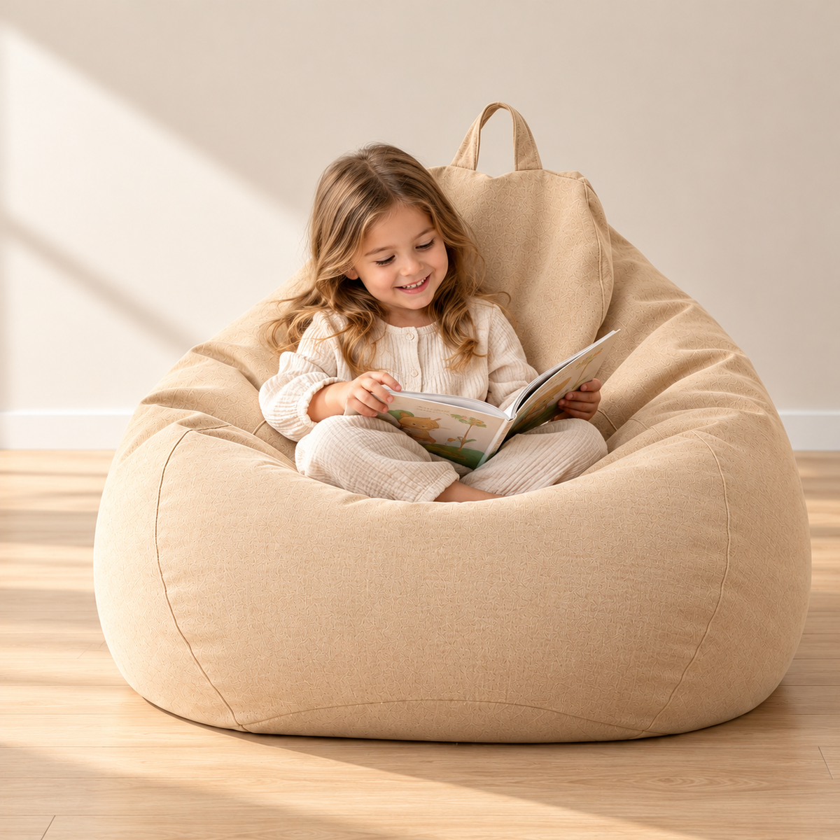 Little Teekie Teddy Boucle Kids Bean Bag Chair Cover | 80cm with Carry Handle – Beige