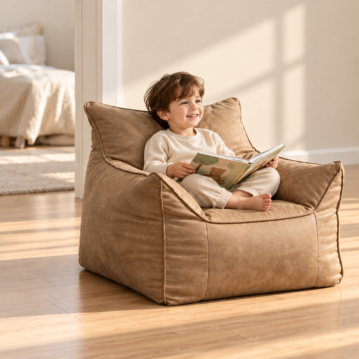 Little Teekie Kids Bean Bag Lounger Cover | Vegan Leather 80x80x70cm – Camel