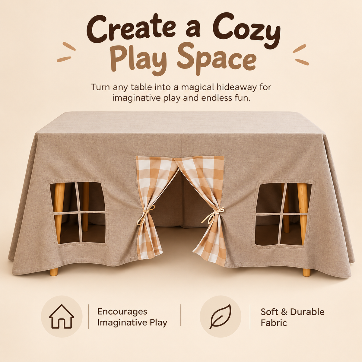 Little Teekie Table Play Tent | Fits Over Dining Tables, 230*300cm – Natural Coffee