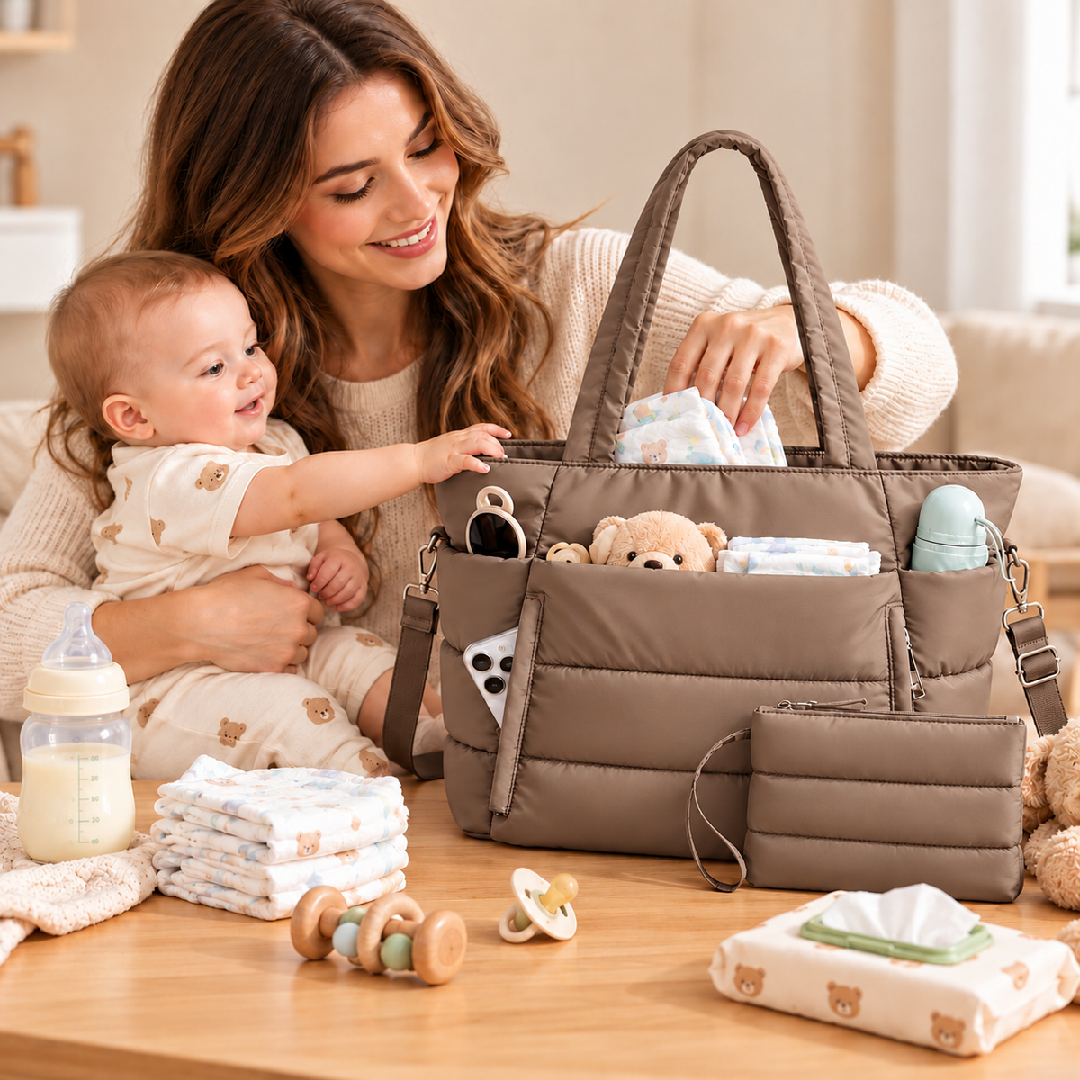 Little Teekie Quilted Nappy Tote | Puffer Cotton, Lightweight Baby Bag – Brown