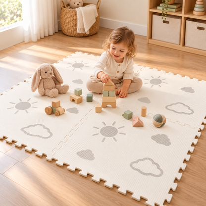 Little Teekie IXPE Foam Play Mat | 120 x 120 cm, 6 Interlocking Pieces – Sun & Cloud Print - White