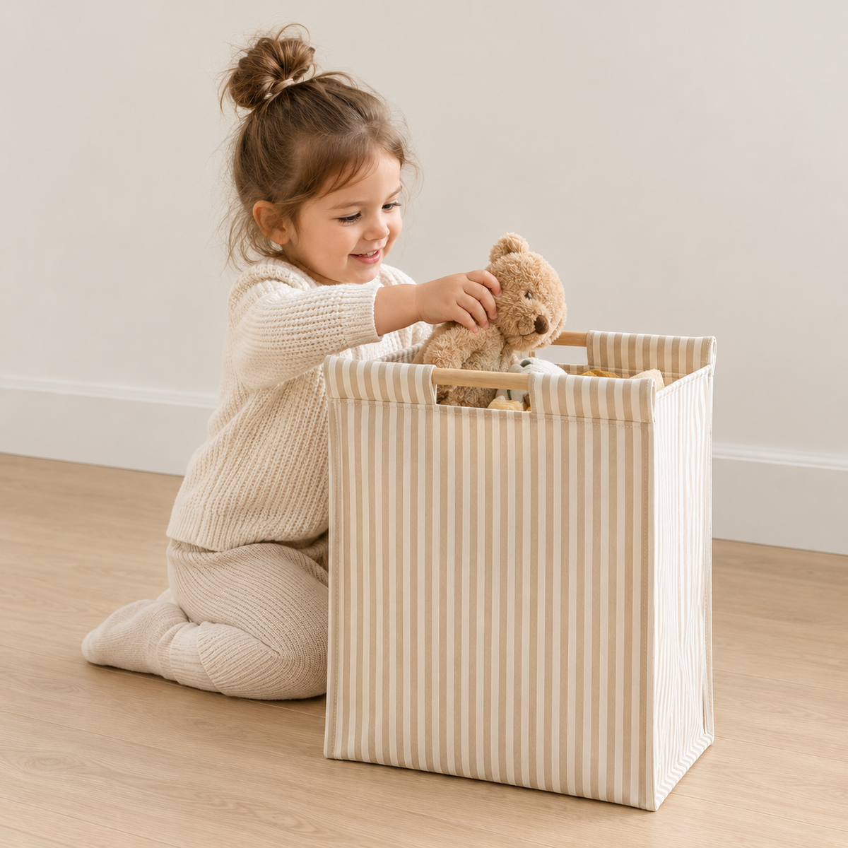Little Teekie Large Cotton Canvas Storage Basket | Soft Toy & Nursery Organiser – Beige