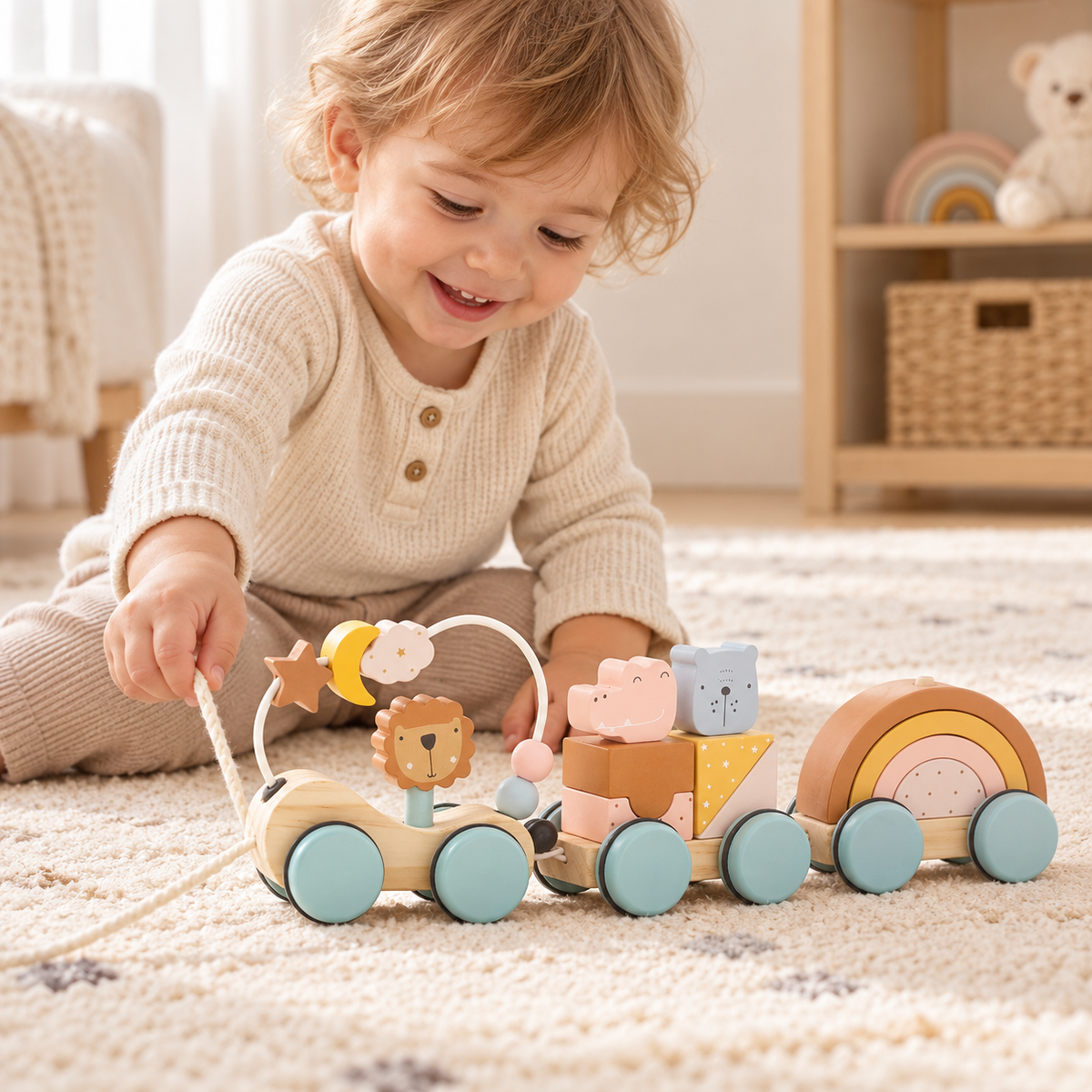 Little Teekie Personalised 2 in 1 building blocks & Wooden Pull  | Engraved Name, Cherry Wood – Pastel