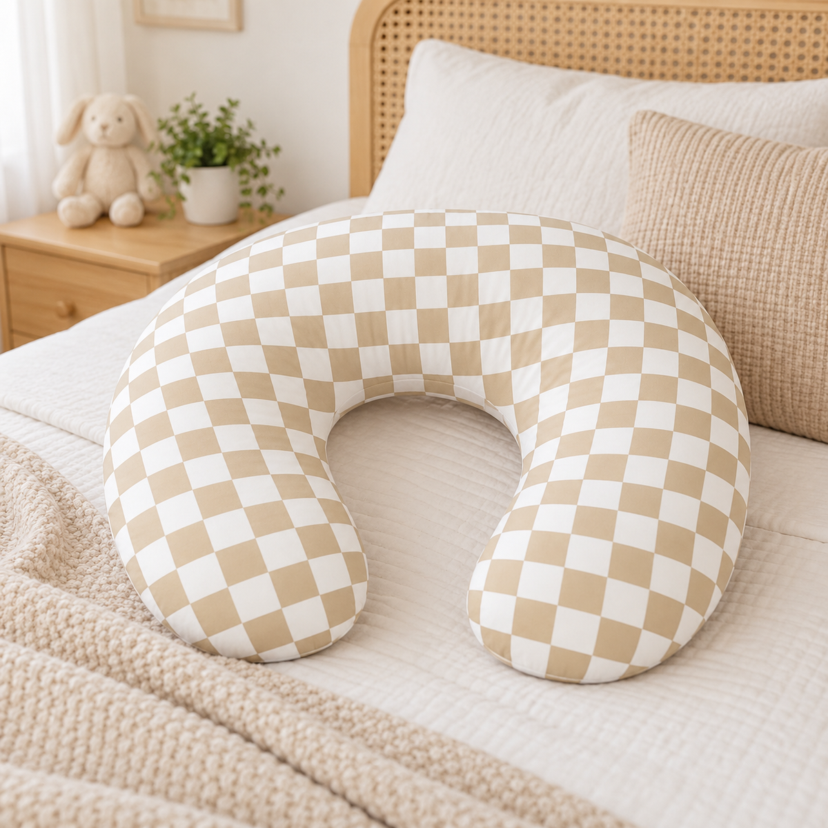 Little Teekie Cotton Nursing Pillow | U-Shape with Removable Cover – Oat Gingham