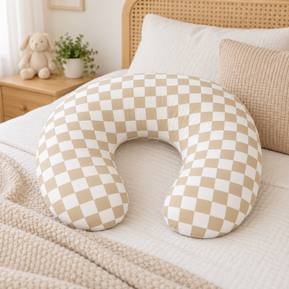 Little Teekie Cotton Nursing Pillow | U-Shape with Removable Cover – Oat Gingham