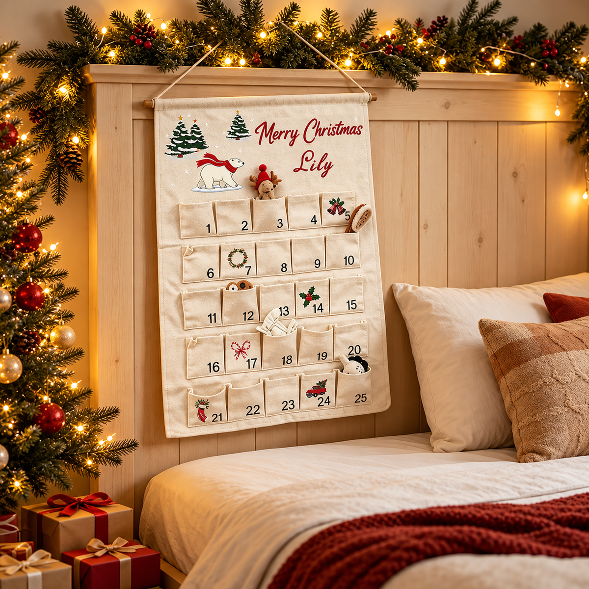 Little Teekie Personalised Woven Canvas Advent Calendar | Hanging Christmas Countdown with 25 Pockets, 40x57cm – Cream