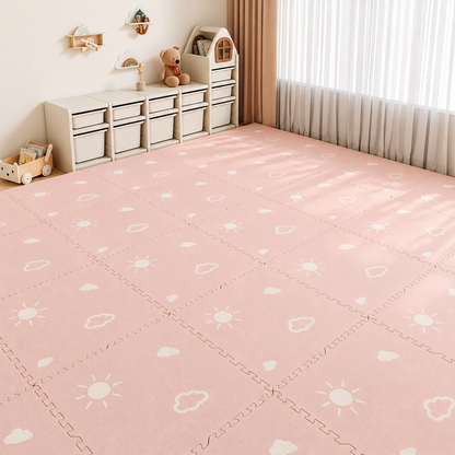Little Teekie IXPE Foam Play Mat | 120 x 120 cm, 4 Interlocking Pieces – Sun & Cloud Print - Pink
