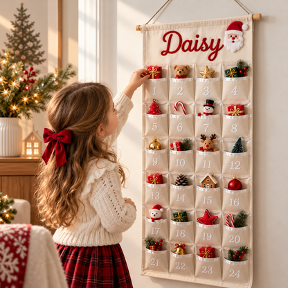 Little Teekie Personalised Canvas Advent Calendar | Rope Embroidered Name, 100cmx45cm - White