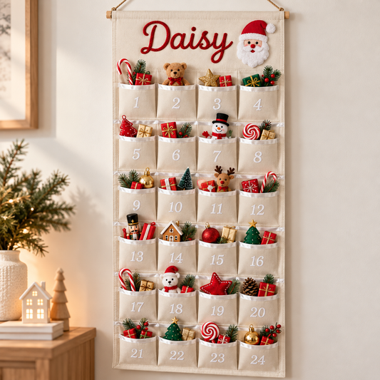Little Teekie Personalised Canvas Advent Calendar | Rope Embroidered Name, 100cmx45cm - White