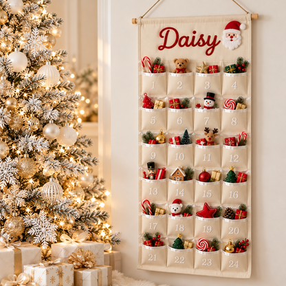 Little Teekie Personalised Canvas Advent Calendar | Rope Embroidered Name, 100cmx45cm - White