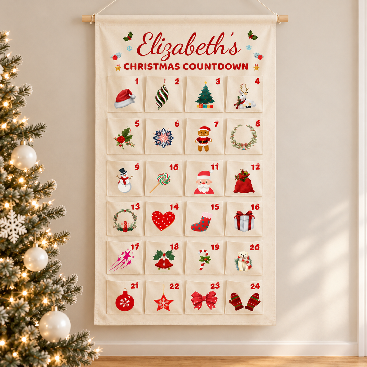 Little Teekie Personalised Canvas Advent Calendar | Hanging Christmas Countdown with 24 Pockets, 40x70cm – Cream