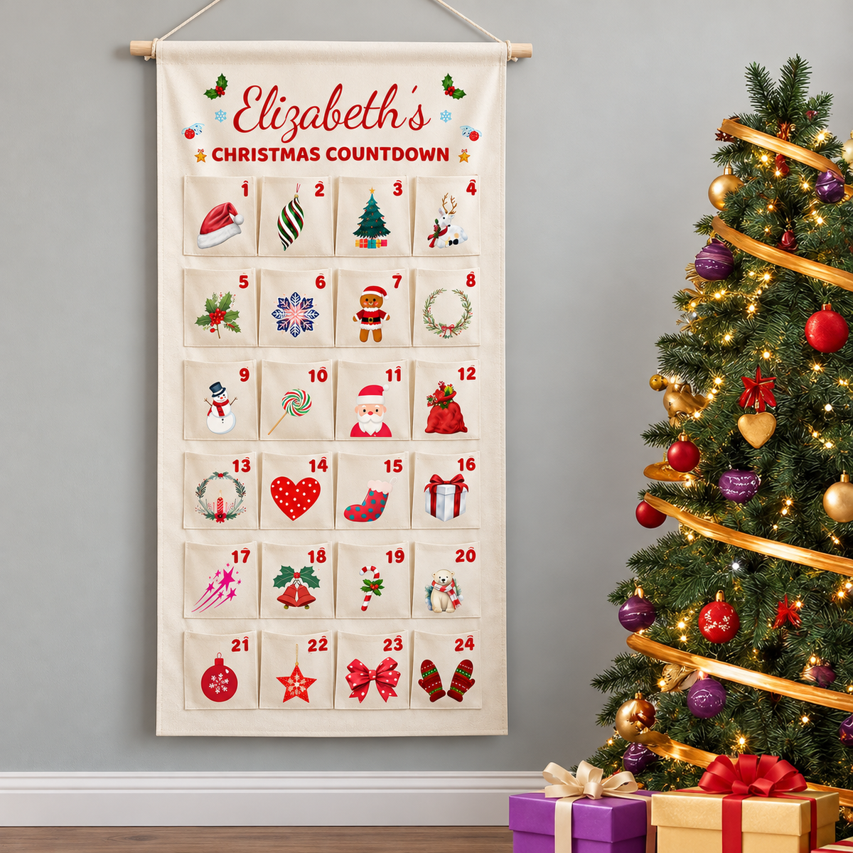 Little Teekie Personalised Canvas Advent Calendar | Hanging Christmas Countdown with 24 Pockets, 40x70cm – Cream