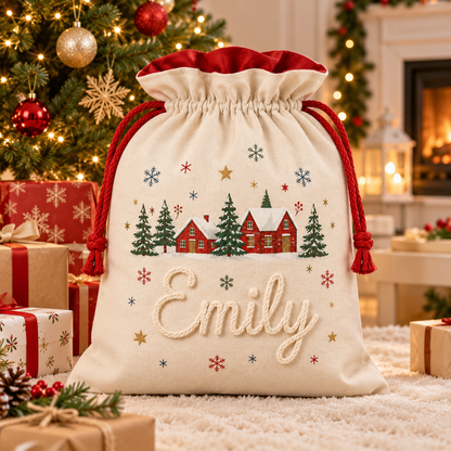 Little Teekie Personalised Canvas Santa Sack | Christmas Tree with Gold Stars, Rope Embroidery – Cream