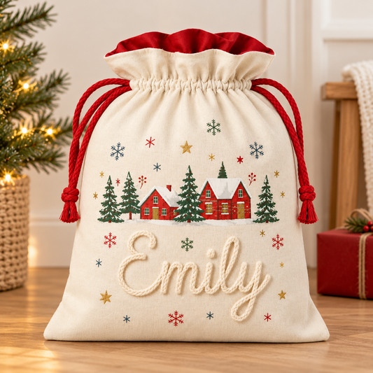 Little Teekie Personalised Canvas Santa Sack | Christmas Tree with Gold Stars, Rope Embroidery – Cream