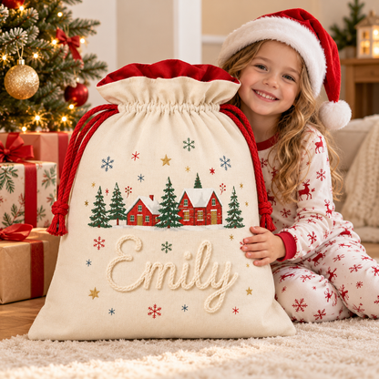 Little Teekie Personalised Canvas Santa Sack | Christmas Tree with Gold Stars, Rope Embroidery – Cream