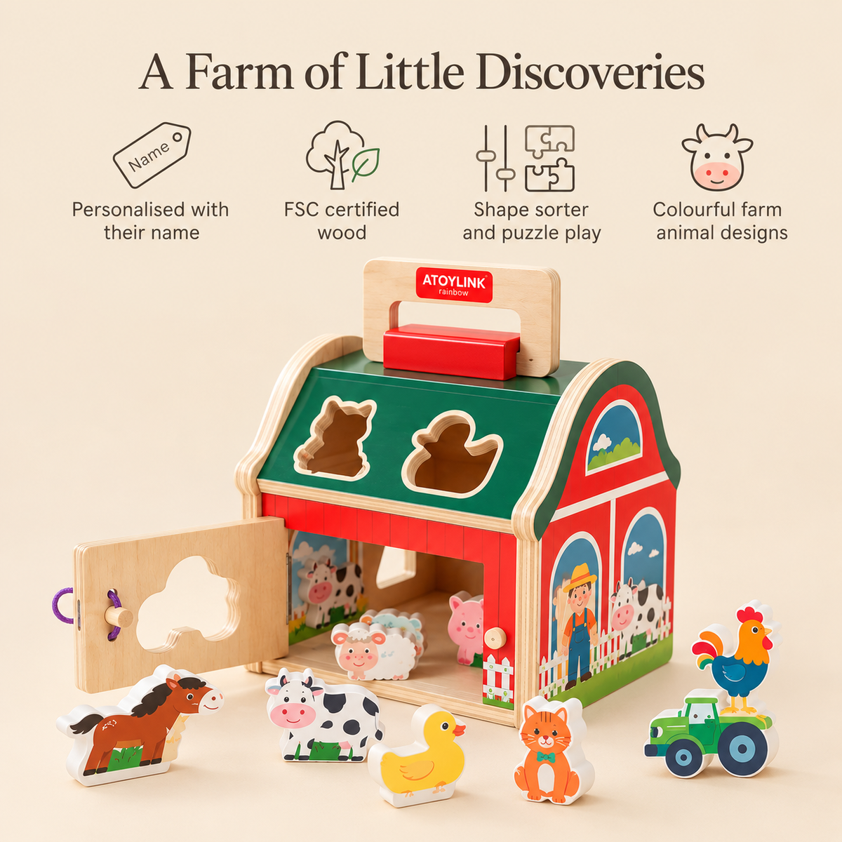 Little Teekie Personalised Wooden Farmhouse Shape Sorter | Custom Name Learning Toy - Red