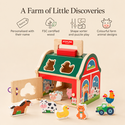 Little Teekie Personalised Wooden Farmhouse Shape Sorter | Custom Name Learning Toy - Red