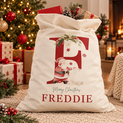 Little Teekie Personalised Printed Christmas Sack | Santa Design Gift Bag 40x45 cm – Cream