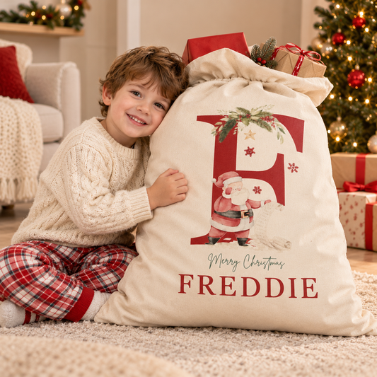 Little Teekie Personalised Printed Christmas Sack | Santa Design Gift Bag 40x45 cm – Cream