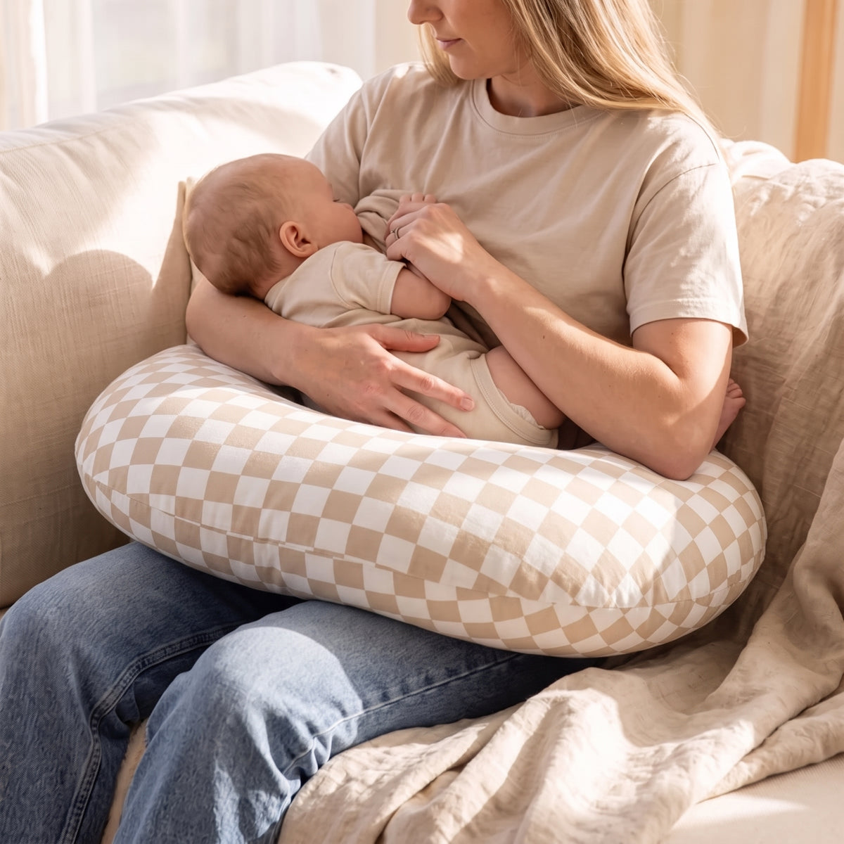 Little Teekie Cotton Nursing Pillow | U-Shape with Removable Cover – Oat Gingham