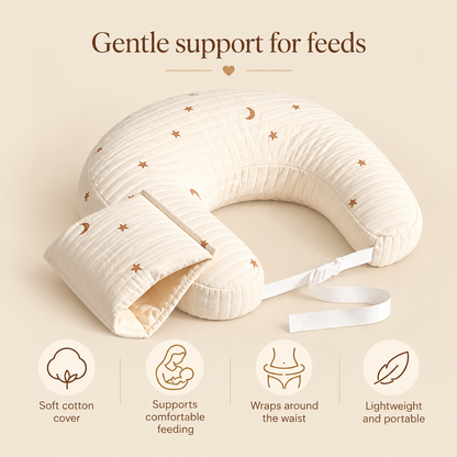 Little Teekie Organic Cotton Feeding Pillow | Soft Nursing Support, Star & Moon Print - Brown