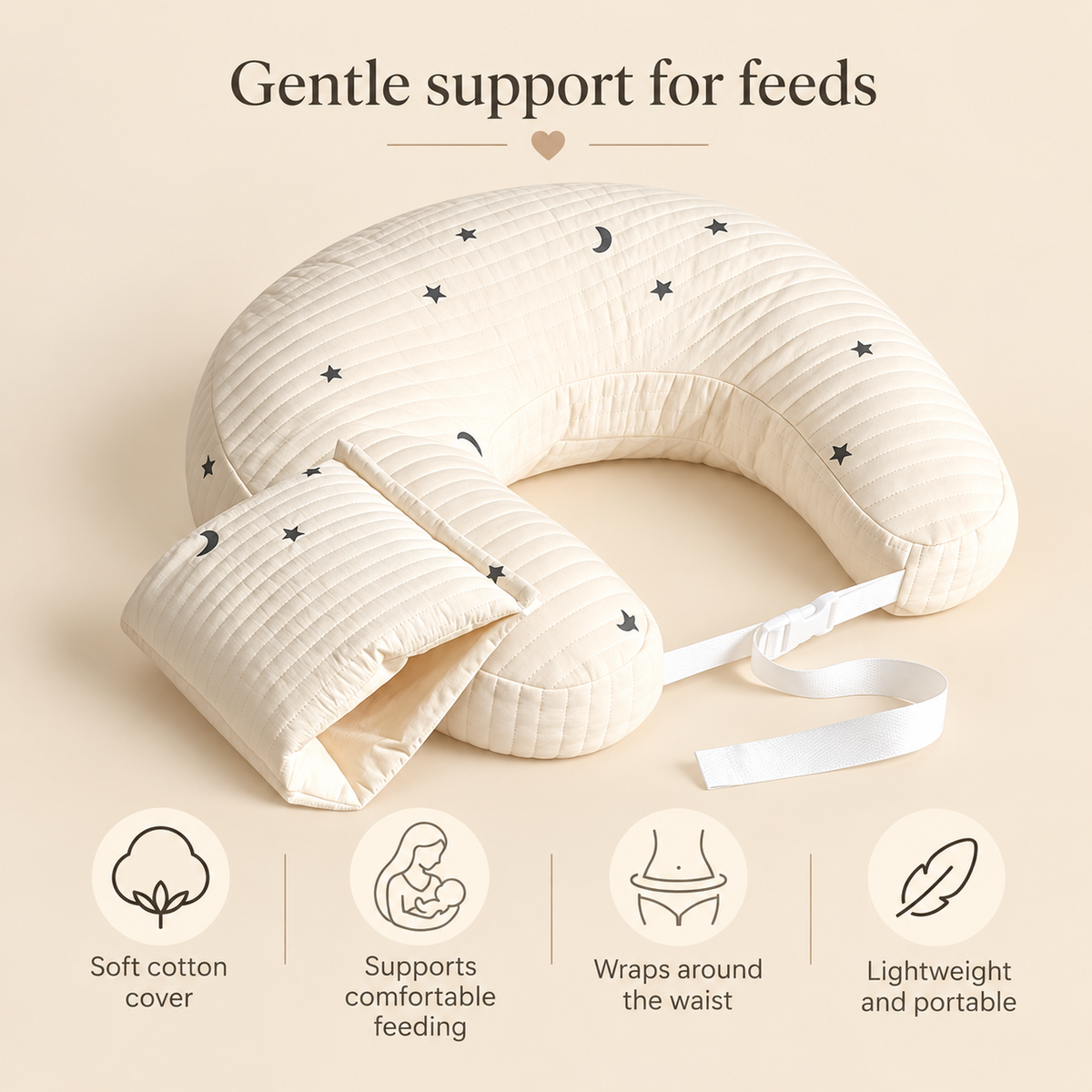 Little Teekie Organic Cotton Feeding Pillow | Soft Nursing Support, Star & Moon Print - Black