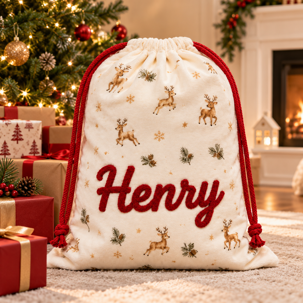 Little Teekie Personalised Canvas Santa Sack | Reindeer & Snowflake Print, Rope Embroidery – Cream