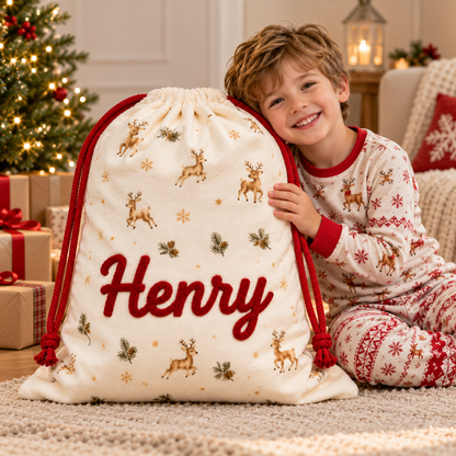 Little Teekie Personalised Canvas Santa Sack | Reindeer & Snowflake Print, Rope Embroidery – Cream
