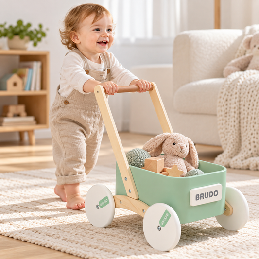 Little Teekie Wooden Baby Walker Wagon | Montessori Push Walker with Toy Tray – Sage Green