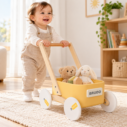 Little Teekie Wooden Baby Walker Wagon | Montessori Push Walker with Toy Tray – Yellow