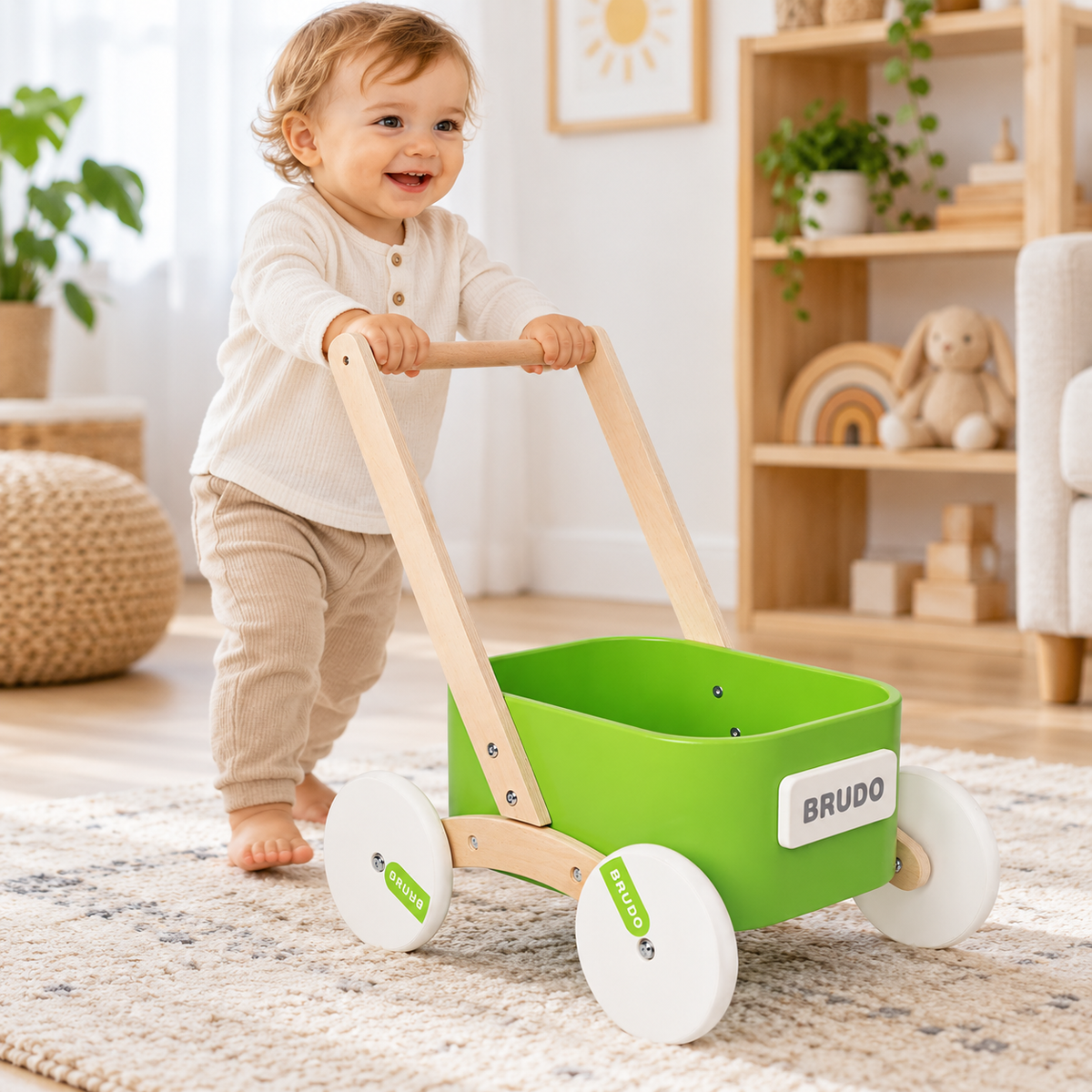 Little Teekie Wooden Baby Walker Wagon | Montessori Push Walker with Toy Tray –Green
