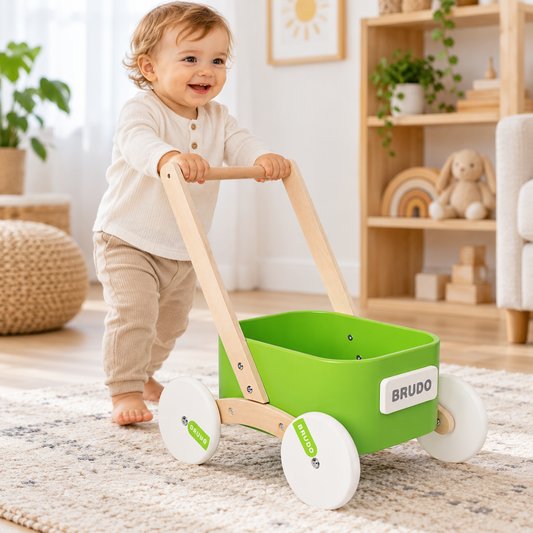 Little Teekie Wooden Baby Walker Wagon | Montessori Push Walker with Toy Tray –Green
