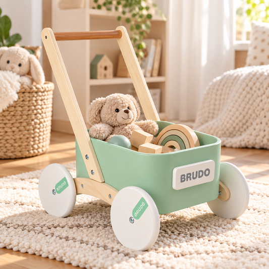 Little Teekie Wooden Baby Walker Wagon | Montessori Push Walker with Toy Tray – Sage Green