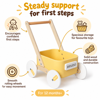 Little Teekie Wooden Baby Walker Wagon | Montessori Push Walker with Toy Tray – Yellow