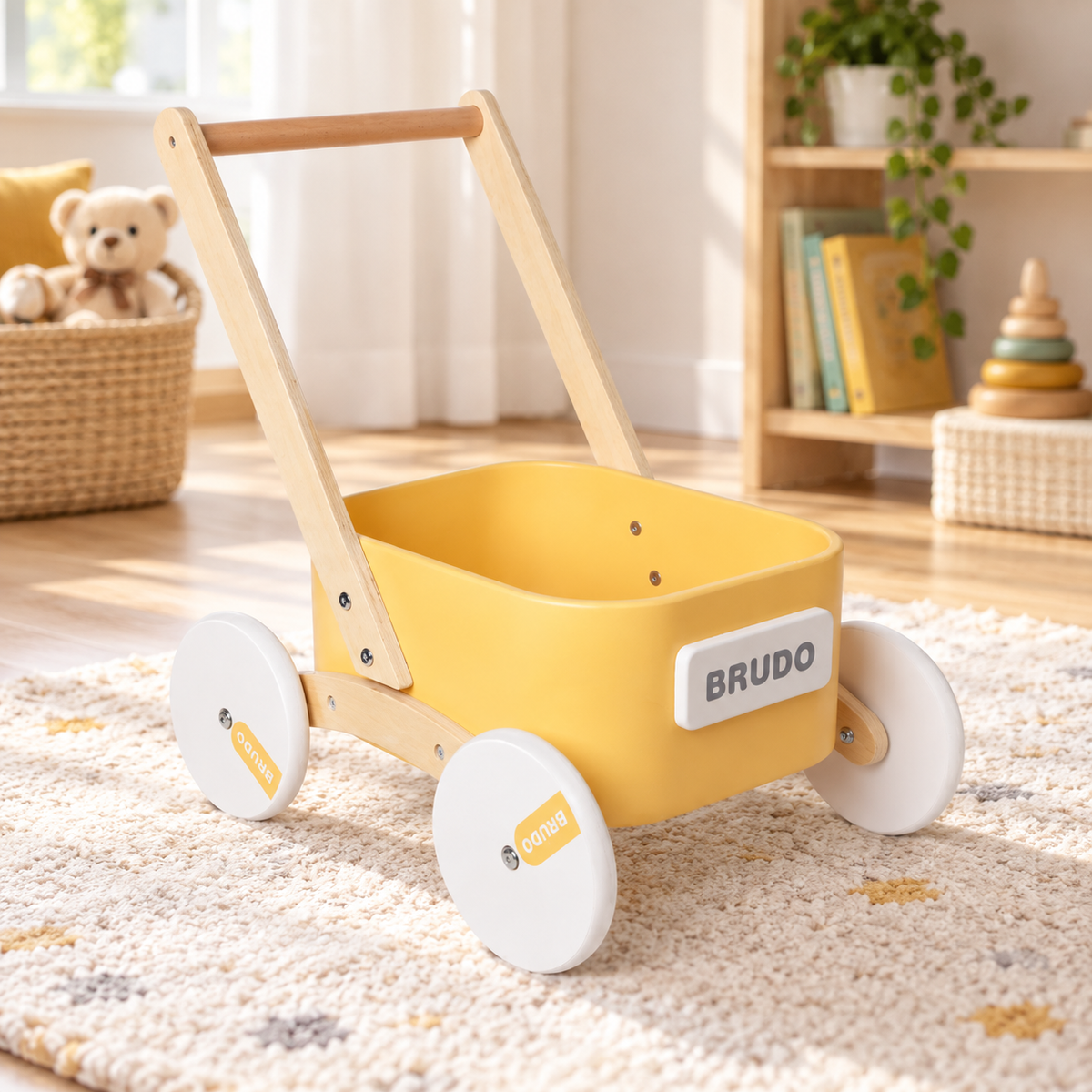 Little Teekie Wooden Baby Walker Wagon | Montessori Push Walker with Toy Tray – Yellow