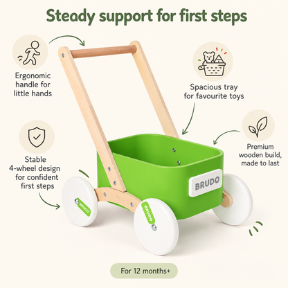 Little Teekie Wooden Baby Walker Wagon | Montessori Push Walker with Toy Tray –Green