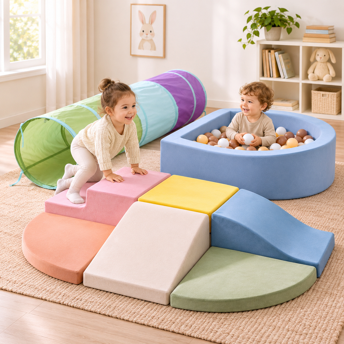 Little Teekie Play Tunnel, Climbing Blocks & Ball Pit Bundle | OEKO-TEX Cotton Tunnel & Soft Foam Ball Pit – Multicolor