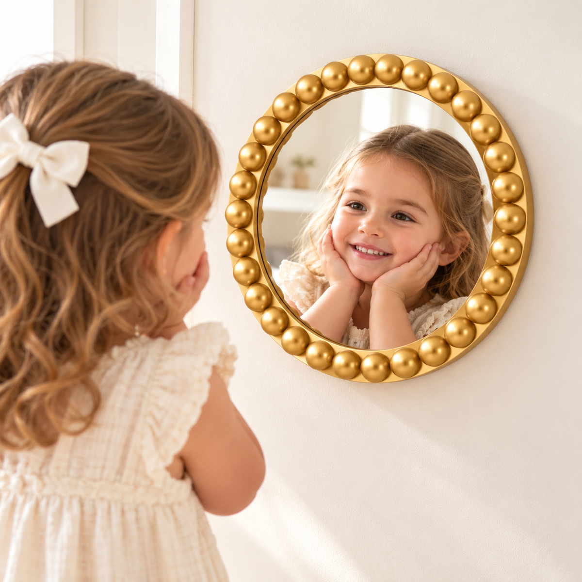 Little Teekie Round Bobbin Mirror | Decorative Kids Room and Nursery Wall Mirror – Gold