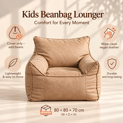 Little Teekie Kids Bean Bag Lounger Cover | Vegan Leather 80x80x70cm – Camel