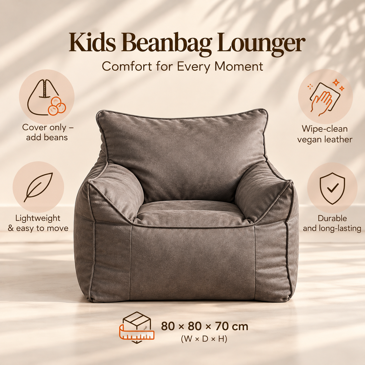 Little Teekie Kids Bean Bag Lounger Cover | Vegan Leather 80x80x70cm – Grey