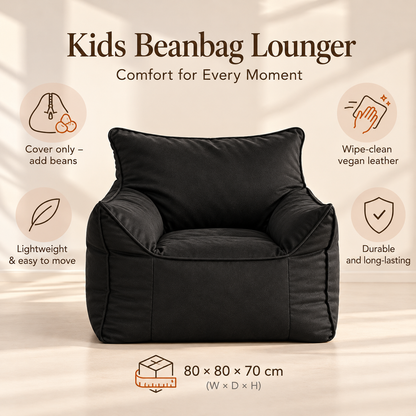 Little Teekie Kids Bean Bag Lounger Cover | Vegan Leather 80x80x70cm – Black