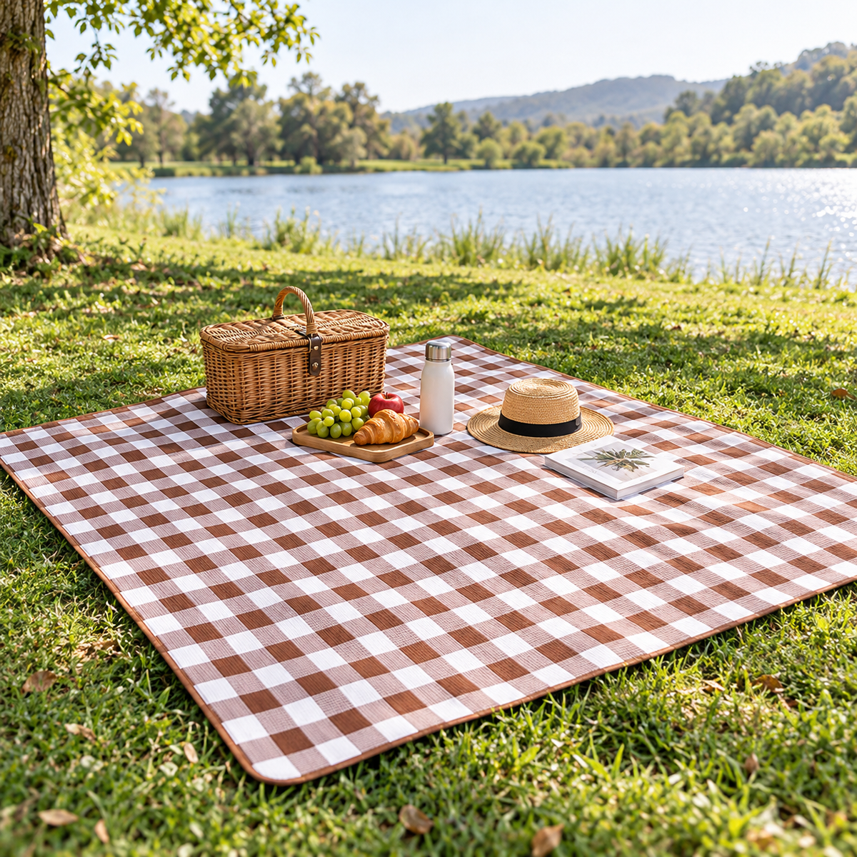 Little Teekie Waterproof Picnic Rug | Roll-Up 2x2m with Carry Strap – Brown Check