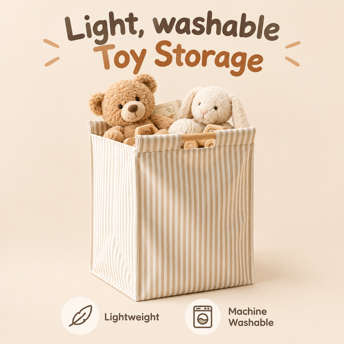 Little Teekie Large Cotton Canvas Storage Basket | Soft Toy & Nursery Organiser – Beige