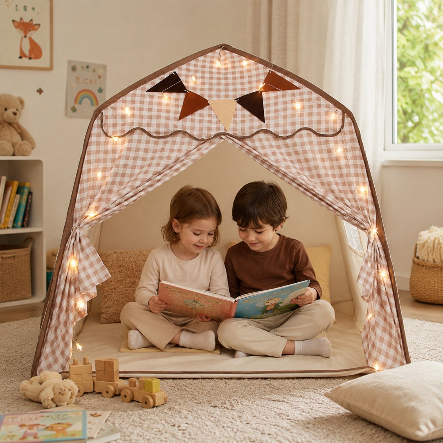 Little Teekie Kids Bed Canopy Play Tent Beige Gingham