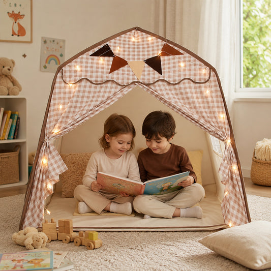 Little Teekie Kids Bed Canopy Play Tent Beige Gingham